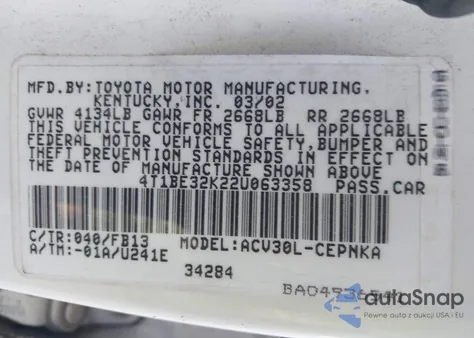 2002 Toyota Camry Le from USA, damaged, VIN 4T1BE32K22U063358